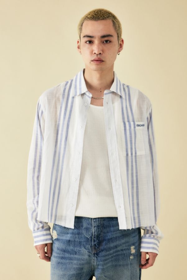 Slide View: 1: BDG White Striped Cropped Raw Hem Shirt 