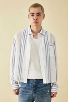 BDG White Striped Cropped Raw Hem Shirt 