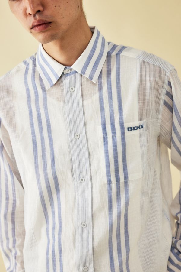 Slide View: 2: BDG White Striped Cropped Raw Hem Shirt 