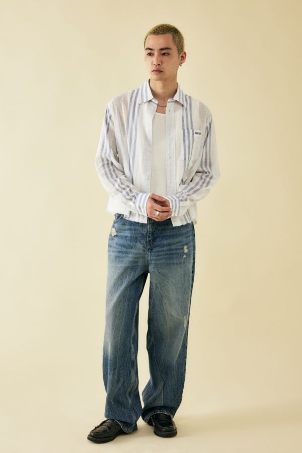 Slide View: 3: BDG White Striped Cropped Raw Hem Shirt 