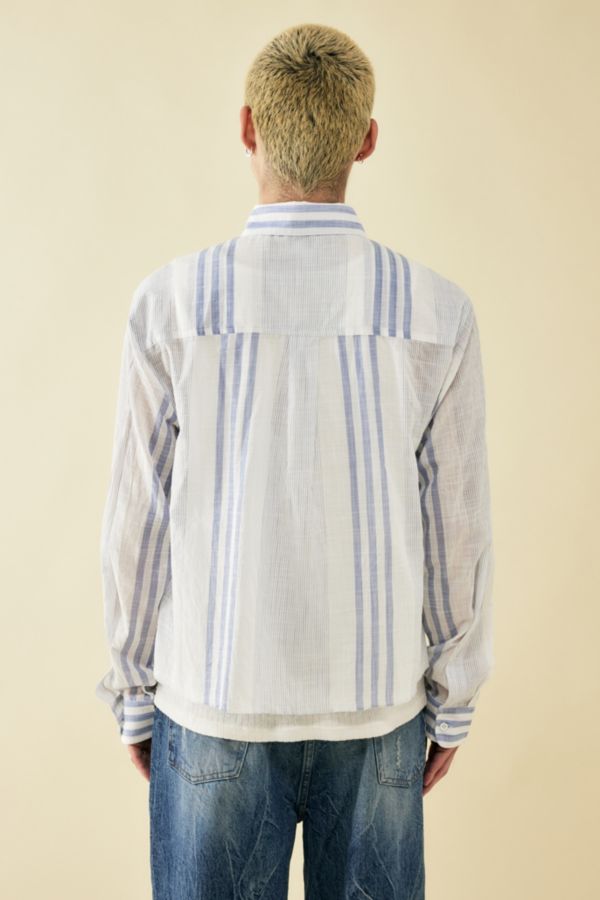 Slide View: 4: BDG White Striped Cropped Raw Hem Shirt 