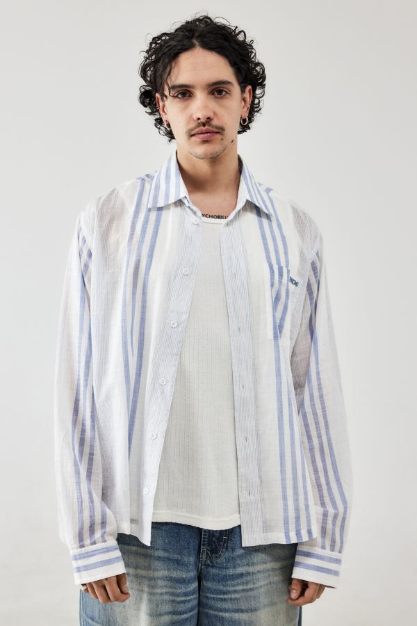 Slide View: 2: BDG Striped Blue & White Folded Hem Shirt