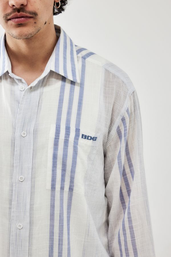 Slide View: 3: BDG Striped Blue & White Folded Hem Shirt