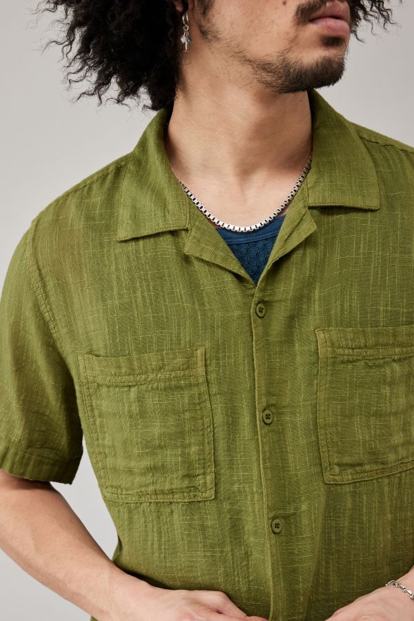 Slide View: 1: BDG Solid Olive Gauze Shirt