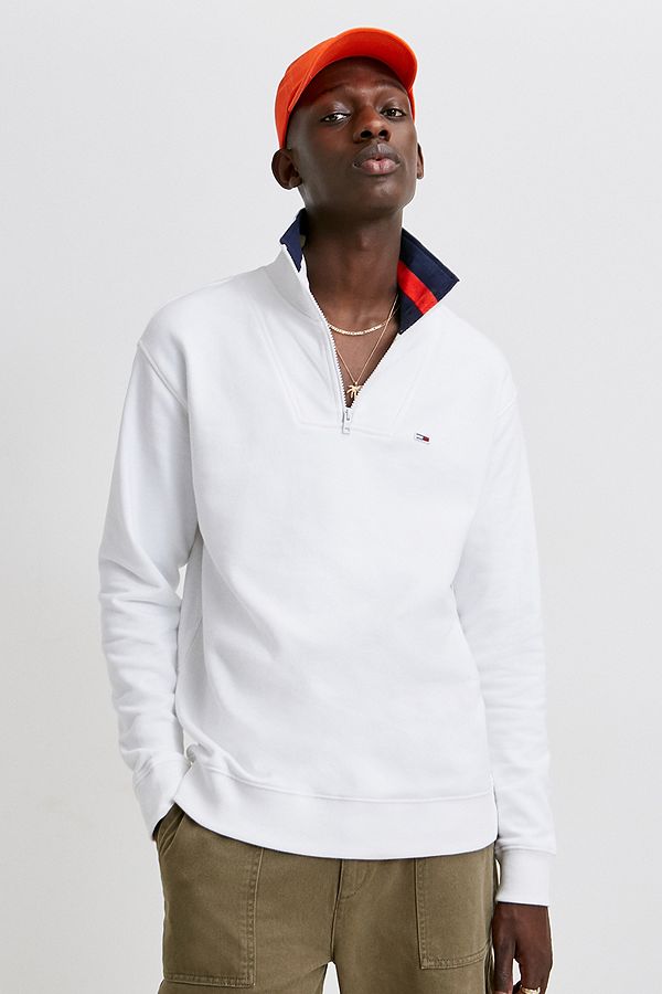 Tommy Jeans Solid White Partial Zip Mock Neck Sweatshirt | Urban ...