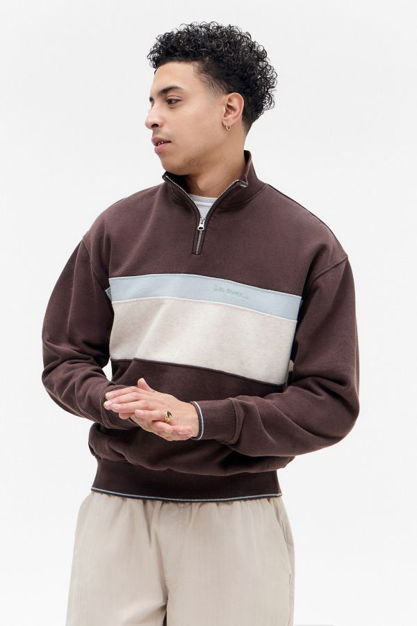 Slide View: 1: iets frans... Brown Panelled Mock Neck Pullover