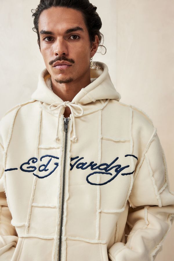 Slide View: 1: Ed Hardy UO Exclusive Ecru Patchwork Sherpa Hoodie