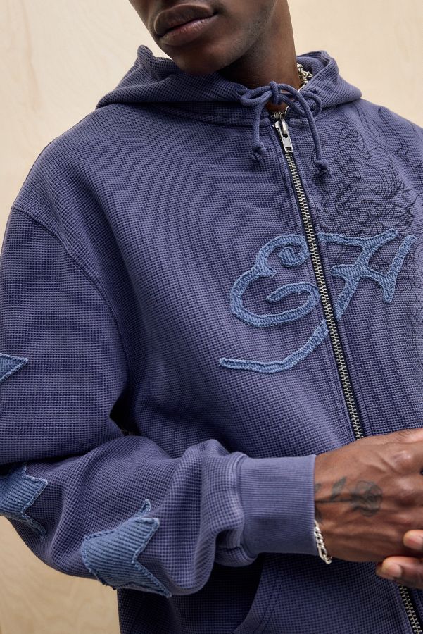 Slide View: 3: Ed Hardy UO Exclusive Navy Waffle Zip-Through Hoodie