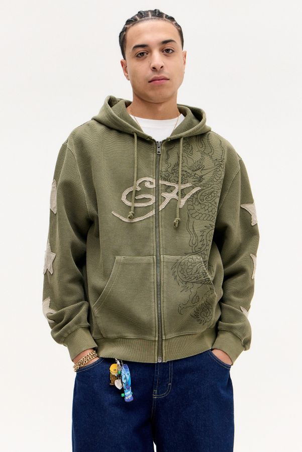 Slide View: 1: Ed Hardy UO Exklusiv Khaki Waffel Reißverschluss-Hoodie