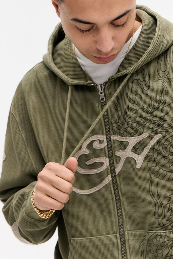 Slide View: 3: Ed Hardy UO Exclusive Khaki Waffle Zip-Through Hoodie