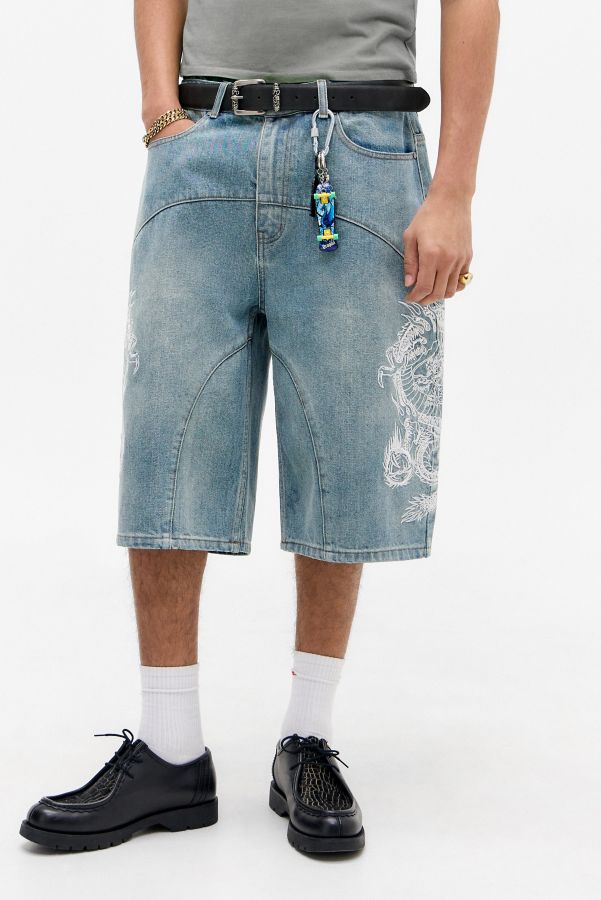 Slide View: 1: Ed Hardy UO Exclusive Jorts de Panneautage Bleu Moyen