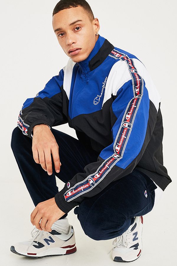 Champion Corp Logo Crinkle Black and Navy Track Top | Urban Outfitters UK