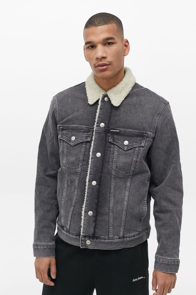 Calvin Klein Washed Black Denim Sherpa Jacket Urban Outfitters UK