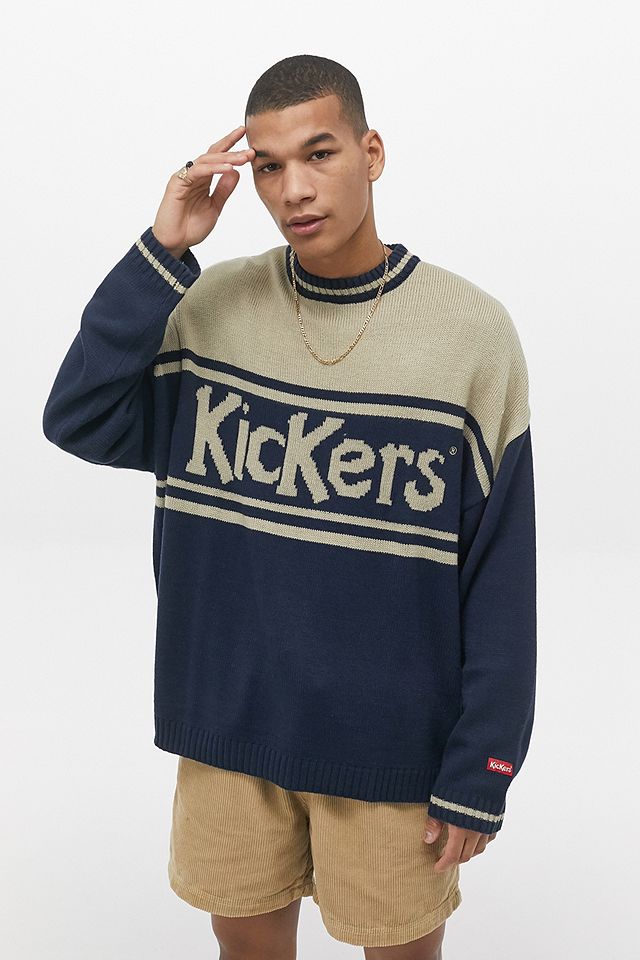 Kickers Logo Navy and Beige Knit Jumper | Urban Outfitters UK