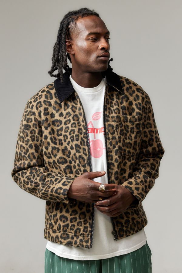 Slide View: 1: BDG Alba Leopard Print Zip Through Worker Jacket