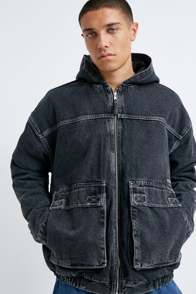 UO Washed Black Denim ZipThrough Hooded Jacket Urban Outfitters UK