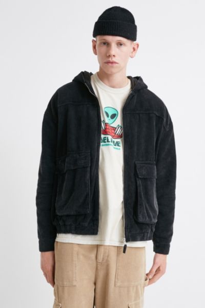 UO Black Corduroy Zip-Through Hooded Skate Jacket | Urban Outfitters UK