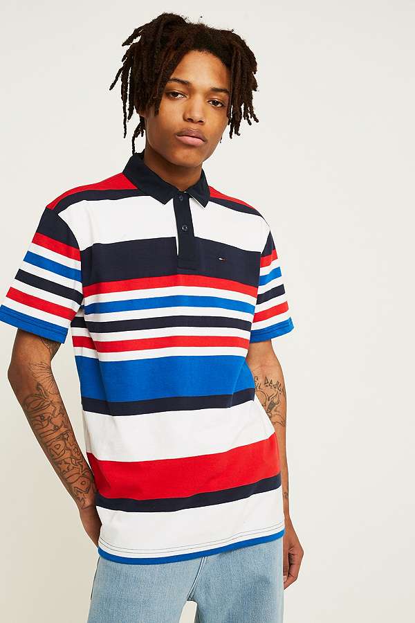 Tommy Jeans White Striped Polo Shirt | Urban Outfitters UK