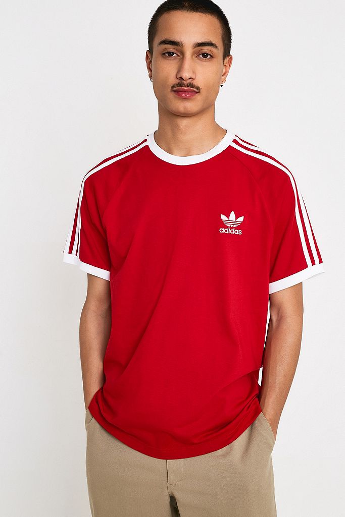 adidas 3-Stripe Red T-Shirt | Urban Outfitters UK