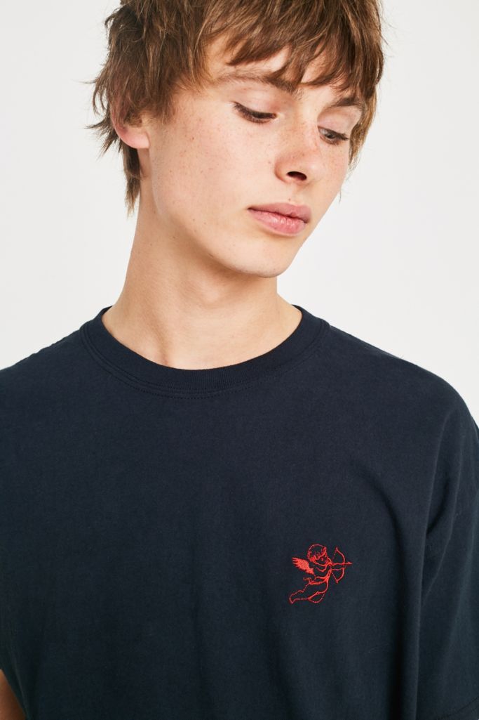 UO Embroidered Cherub Black T-Shirt | Urban Outfitters UK