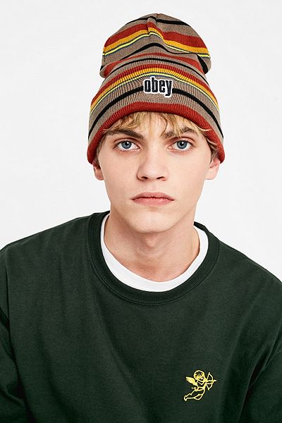 OBEY Highland Stripe Brown Beanie | Urban Outfitters UK