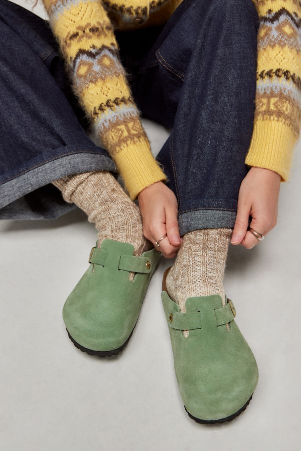 Slide View: 1: Birkenstock Green Tea Suede Boston Clogs