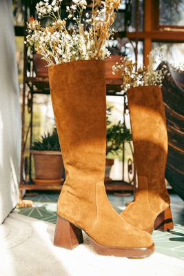 Bottes Femme Cuir Daim Talon Bloc - Style Cowboy Rétro, Genou Large, Hiver Chaud