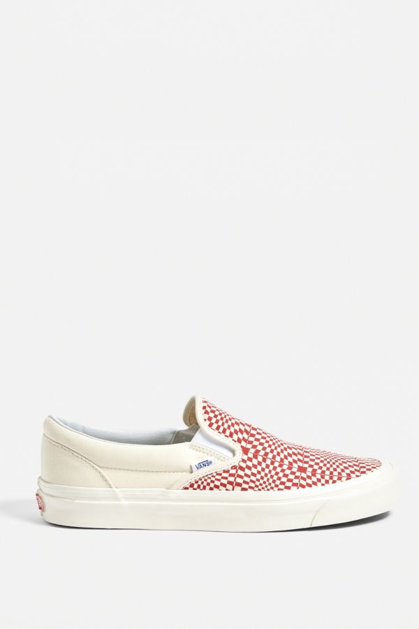 Vans Red and White Warped Checkerboard Slip-On Trainers | Urban ...