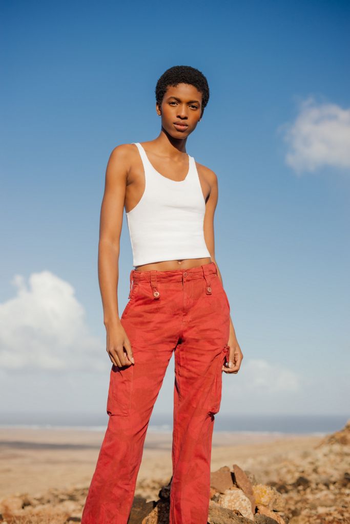 Urban Renewal Vintage Customised Red Overdyed Camo Cargo Trousers