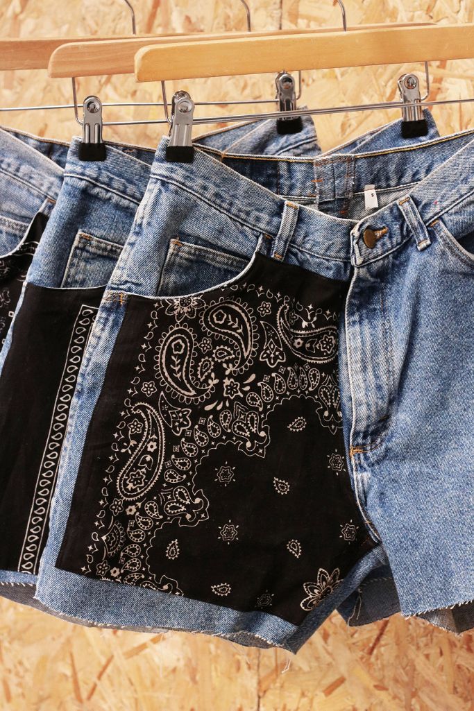 Urban Renewal Remade From Vintage Bandana Patch Light Wash Denim Shorts