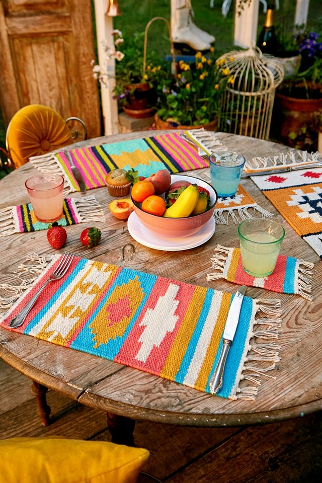 Turquoise & Coral Woven Placemat Urban Outfitters UK