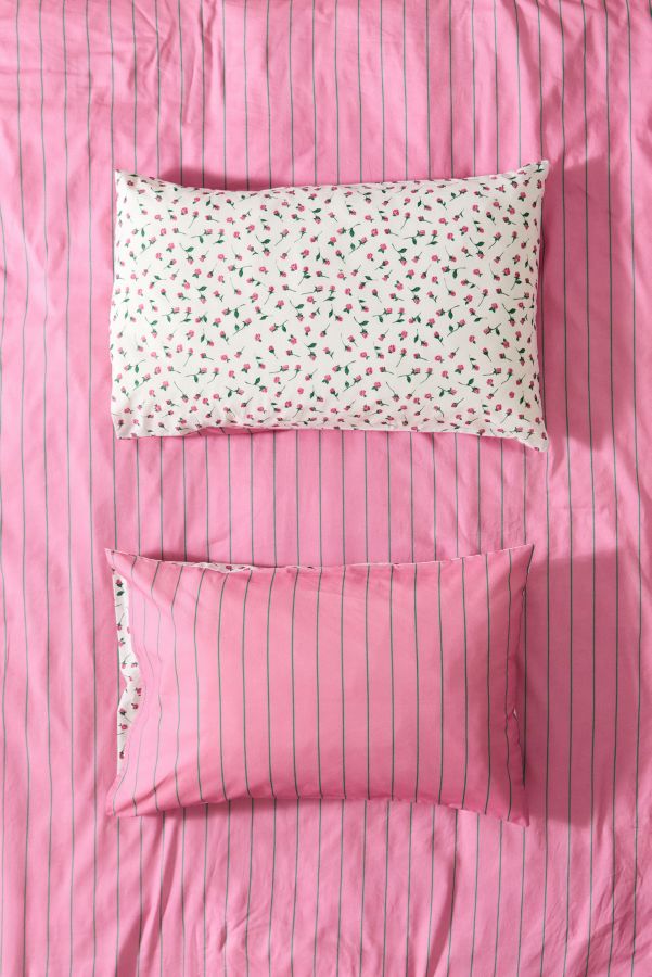 Slide View: 4: Pink & Green Stripe Rosebud Reversible Duvet Set