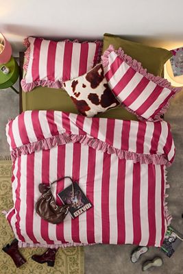 Rot Gestreifte Rüschen-Bettbezug-Set