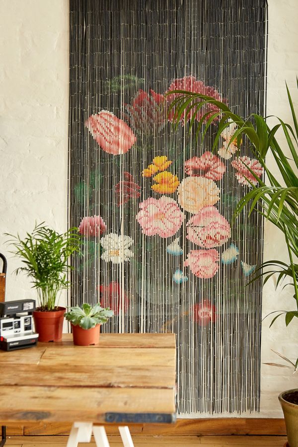 Black Floral Bamboo Beaded Curtain Urban Outfitters UK