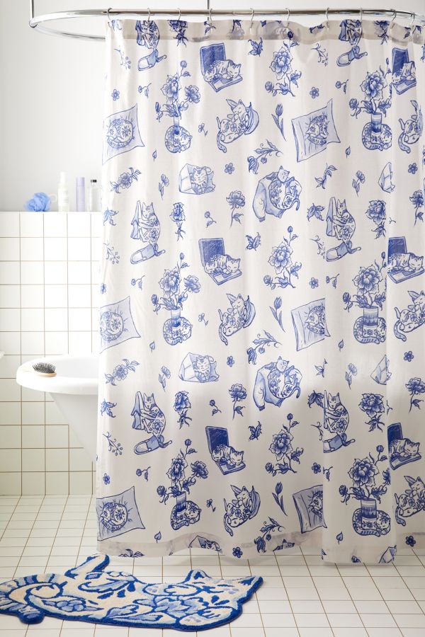 Slide View: 1: Delft Cat Shower Curtain