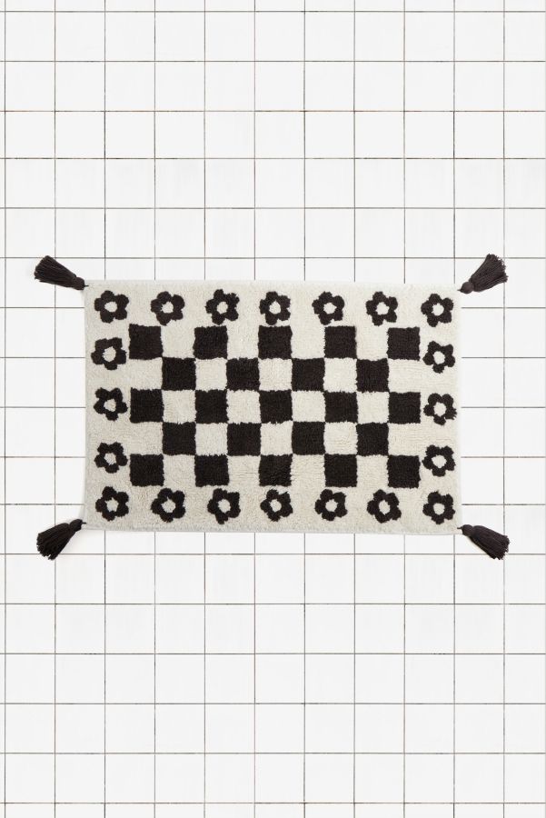 Slide View: 1: Tapis de Bain Damier Fleur Noir & Blanc