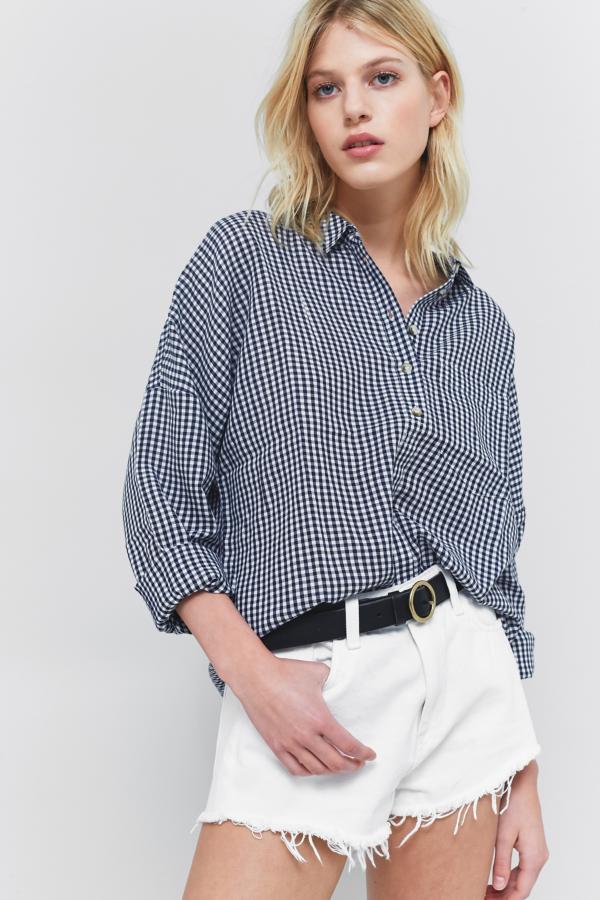 Urban Outfitters Gingham Twill Half Button-Down Shirt | Urban Outfitters UK