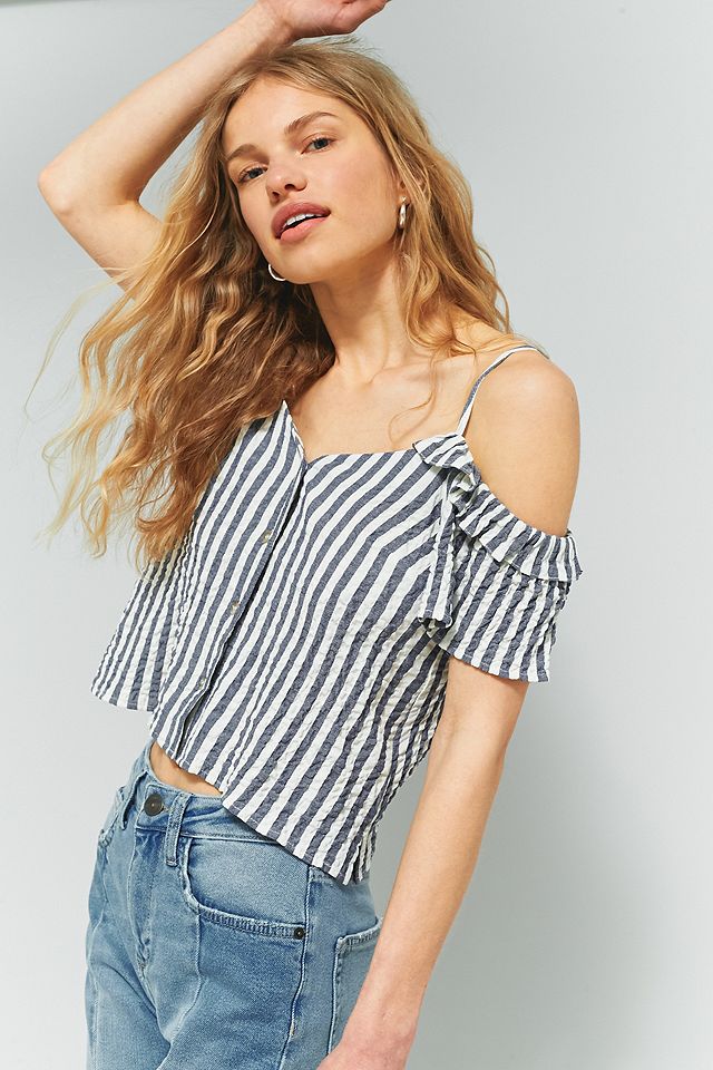 Urban Outfitters Striped Ruffle Cold Shoulder Top | Urban Outfitters UK