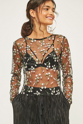 mesh top with embroidered flowers