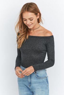Grey Ribbed Long Sleeve Bardot Bodysuit