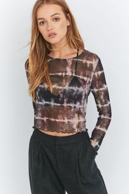 Light Before Dark Black Tie-Dye Mesh Lettuce Edge Crop Top