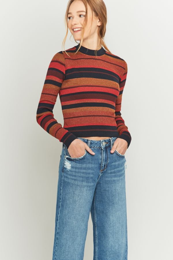 Urban Outfitters Red Lurex Striped Cropped Jumper | Urban Outfitters UK
