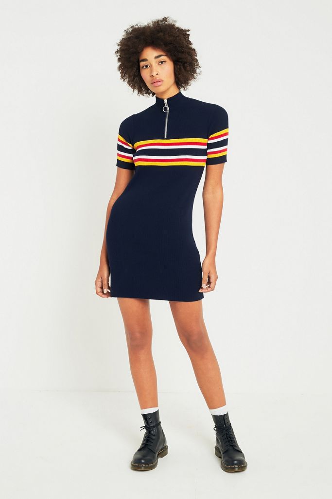 Urban Outfitters Striped Ribbed Zip-Up Mock Neck T-Shirt Dress | Urban