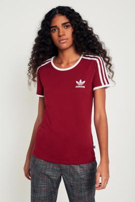 adidas 3 stripe t shirt womens burgundy