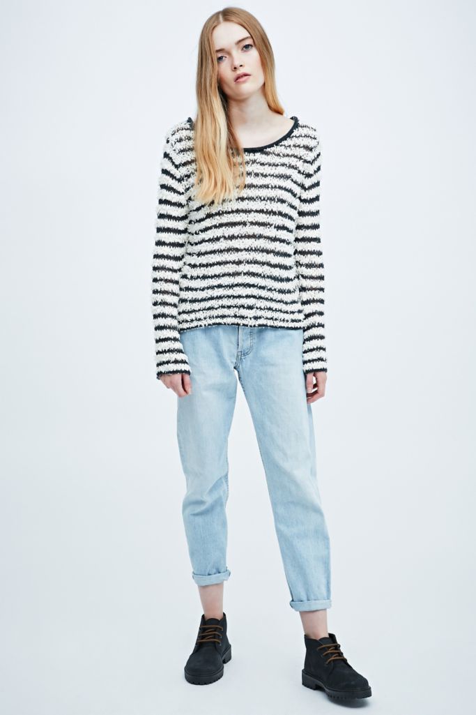 Free People Fuzzy Texture Stripe Jumper in Mono | Urban Outfitters UK