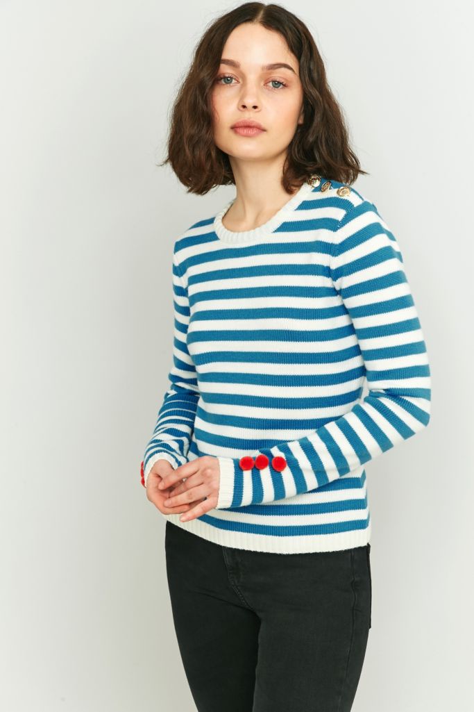 Manoush Blue Striped Pom-Pom Knitted Jumper | Urban Outfitters UK