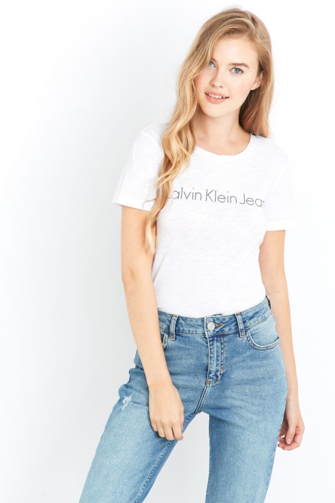 Calvin Klein Jeans Logo White T-shirt | Urban Outfitters UK