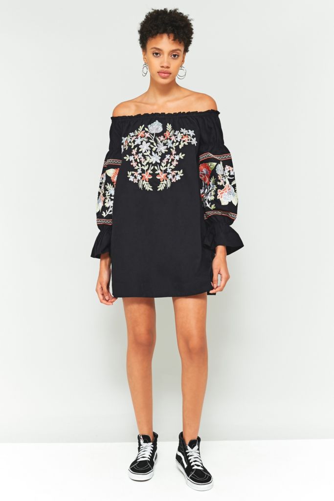 Free People Fleur Du Jour Off The Shoulder Black Floral Embroidered Dress Urban Outfitters Uk 