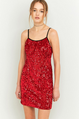 red sequin slip dress