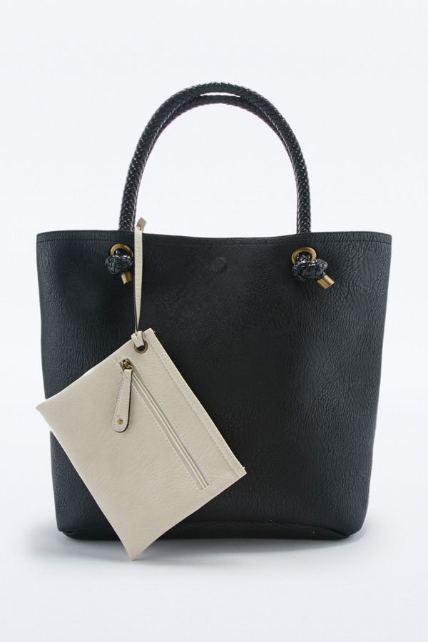 Reversible Plaited Handle Vegan Leather Black Tote Bag Urban